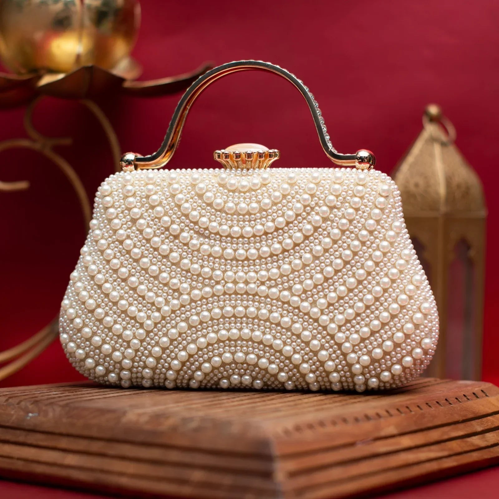 White Pearl Embellished Party Clutch Sunskaara