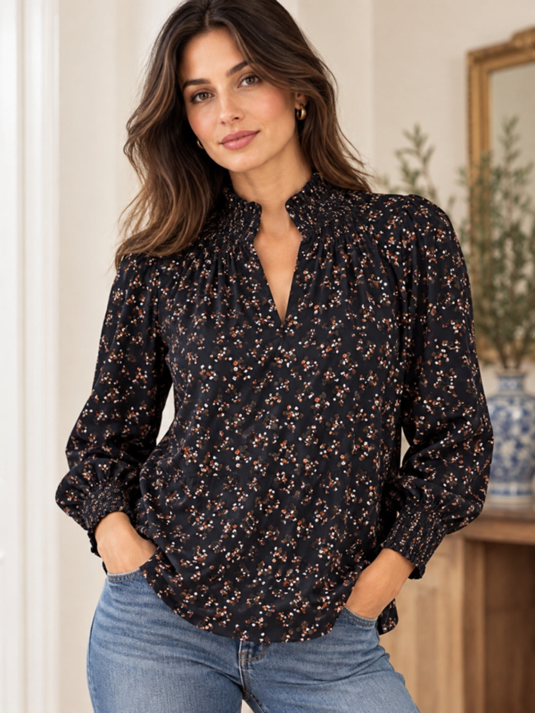 Ditsy Top in black floral print