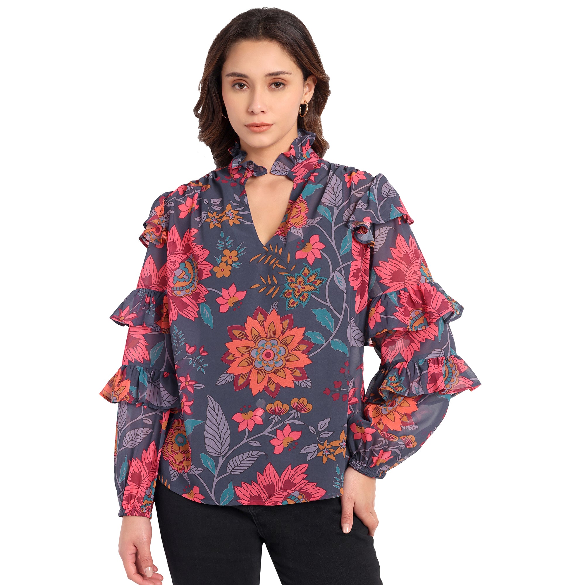Midnight Bloom Ruffle Blouse