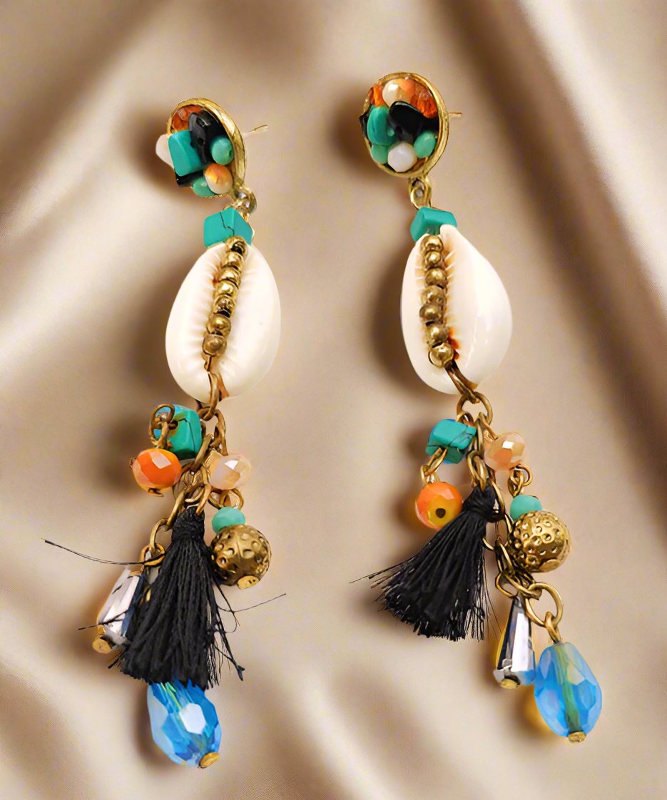 Turquoise Mix Boho Shell Tassel Earrings