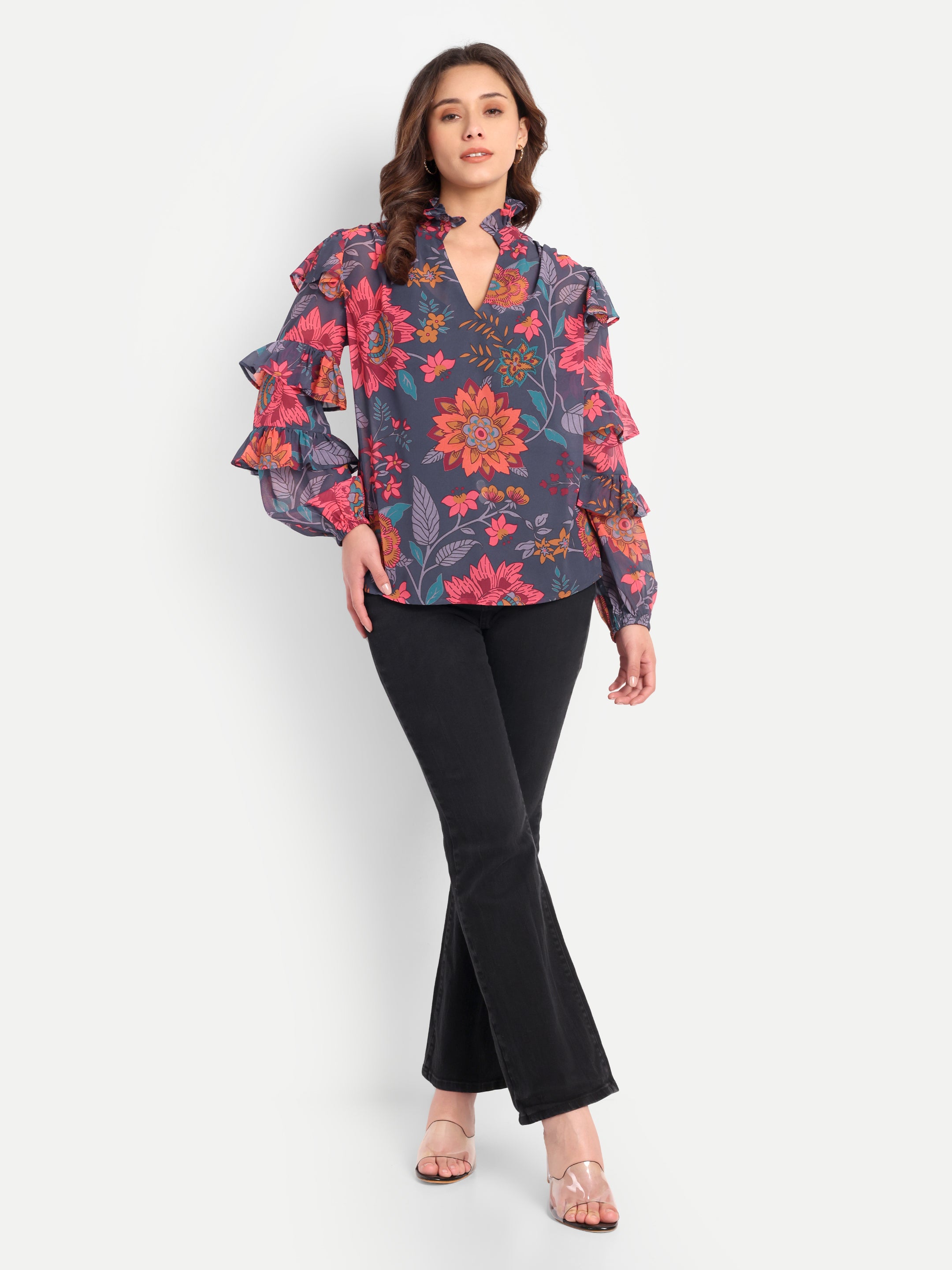 Midnight Bloom Ruffle Blouse