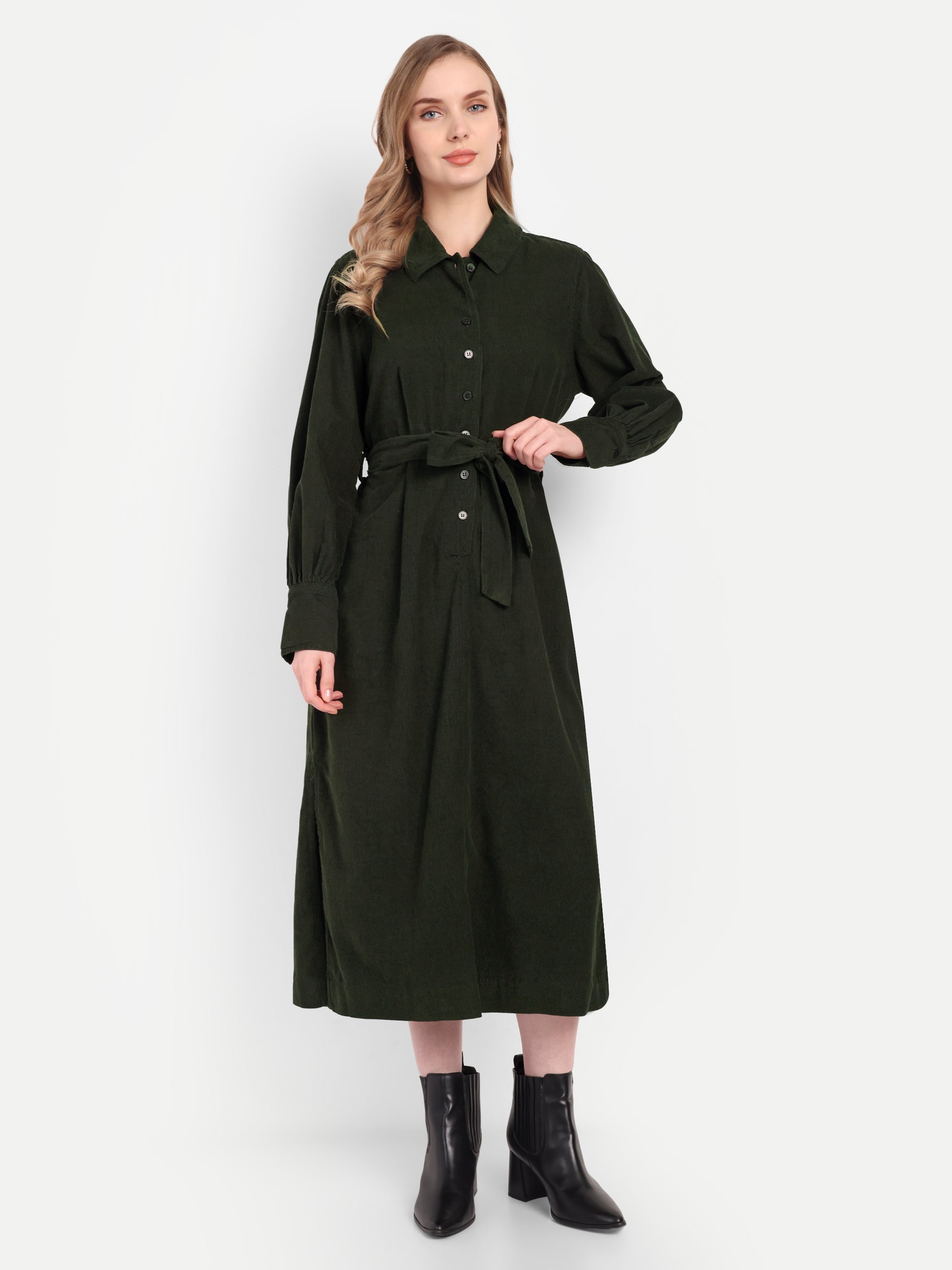 Olive Corduroy Shirt Dress