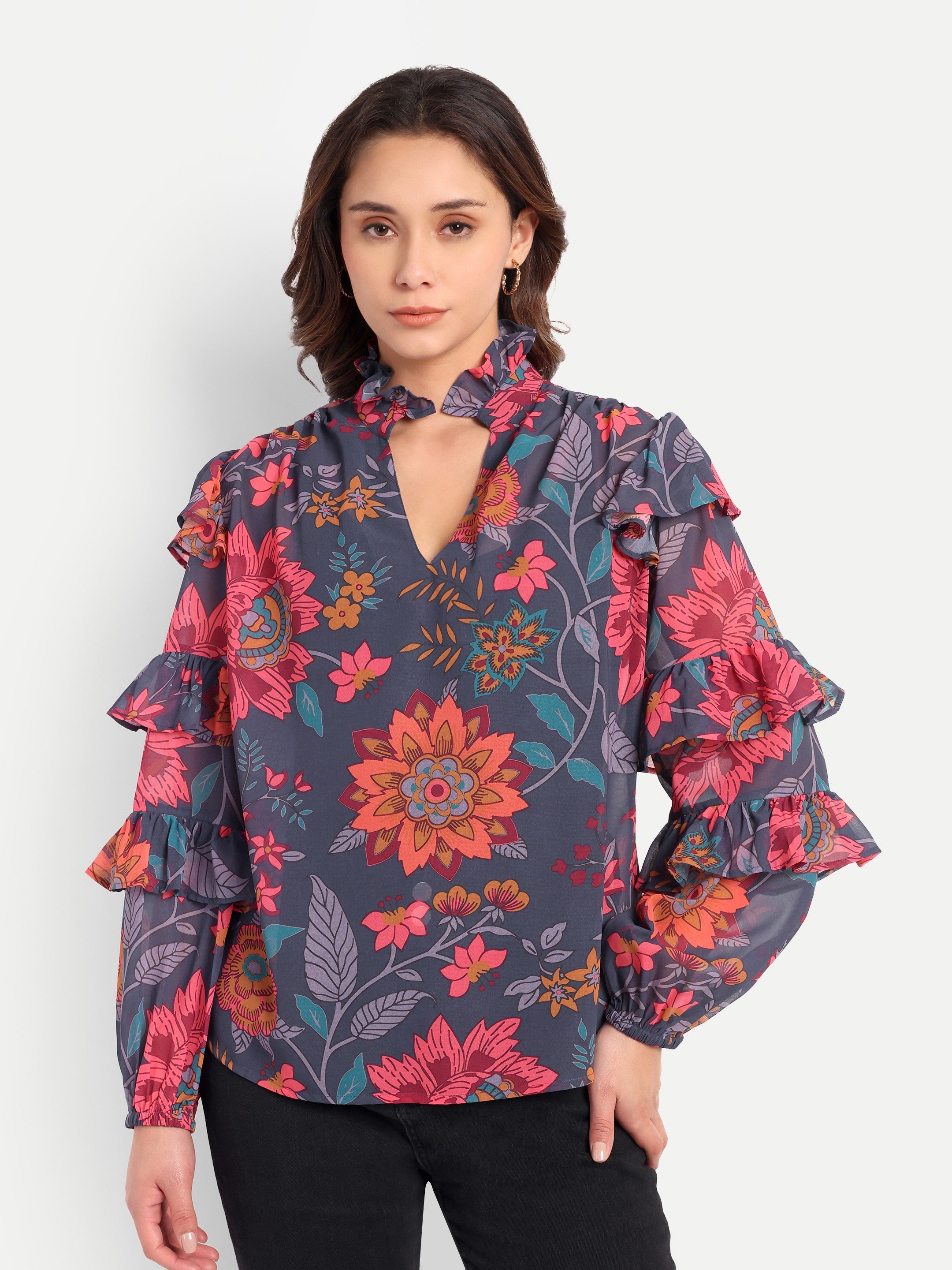 Midnight Bloom Ruffle Blouse