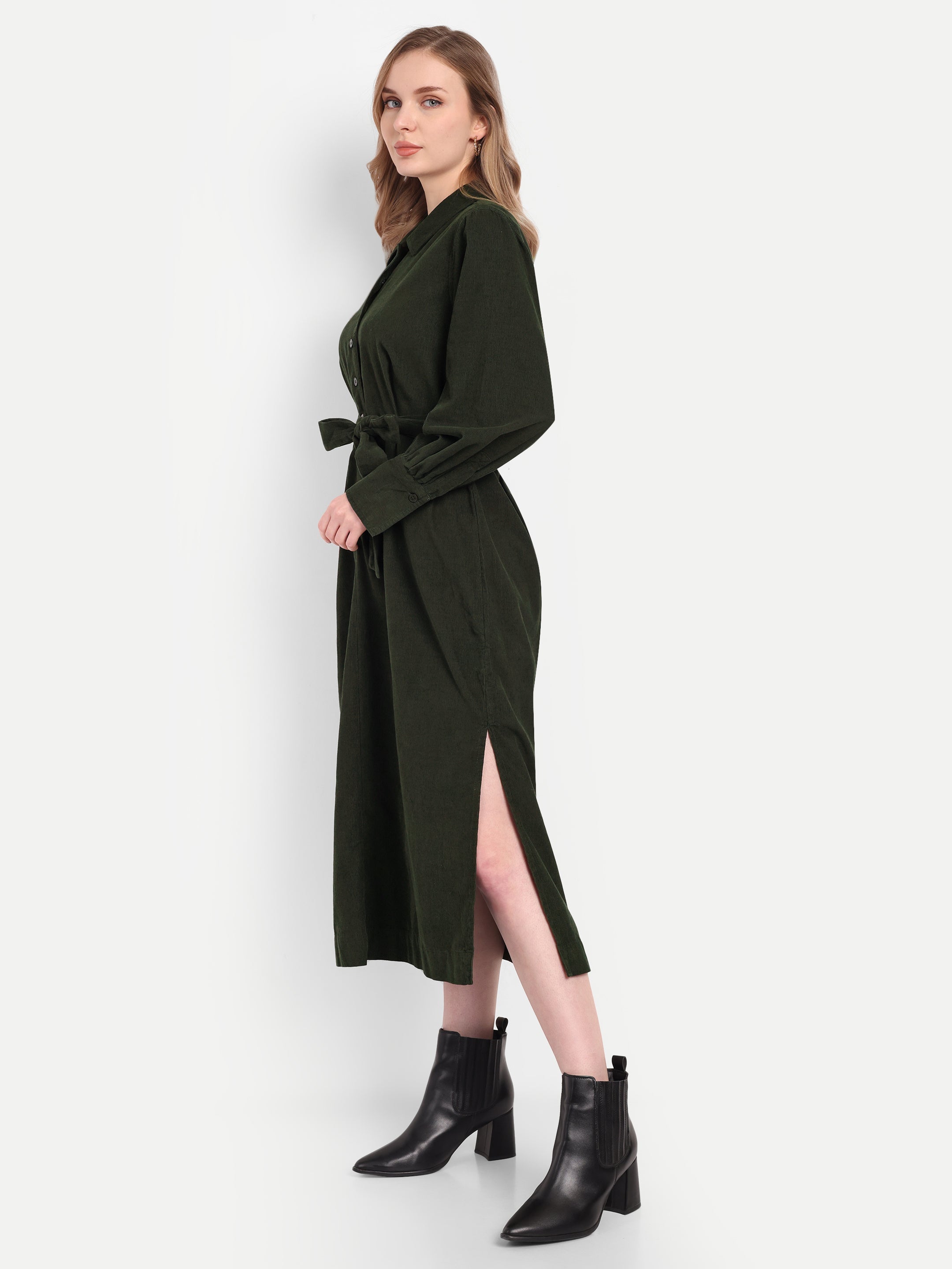 Olive Corduroy Shirt Dress
