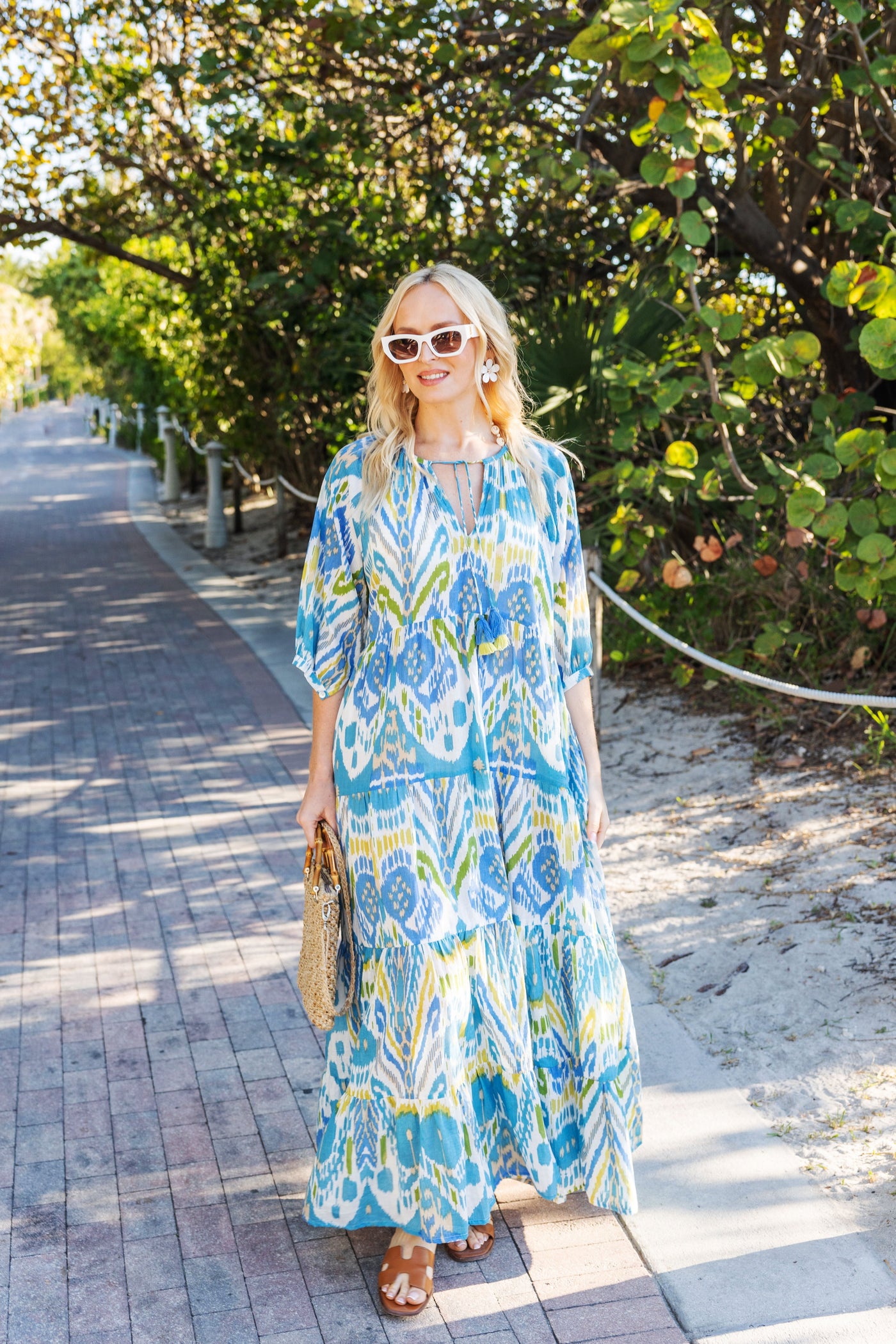 ikat cotton maxi dress Ikat Kaftan Maxi Dress: Blue Multi-color Boho Organic Cotton