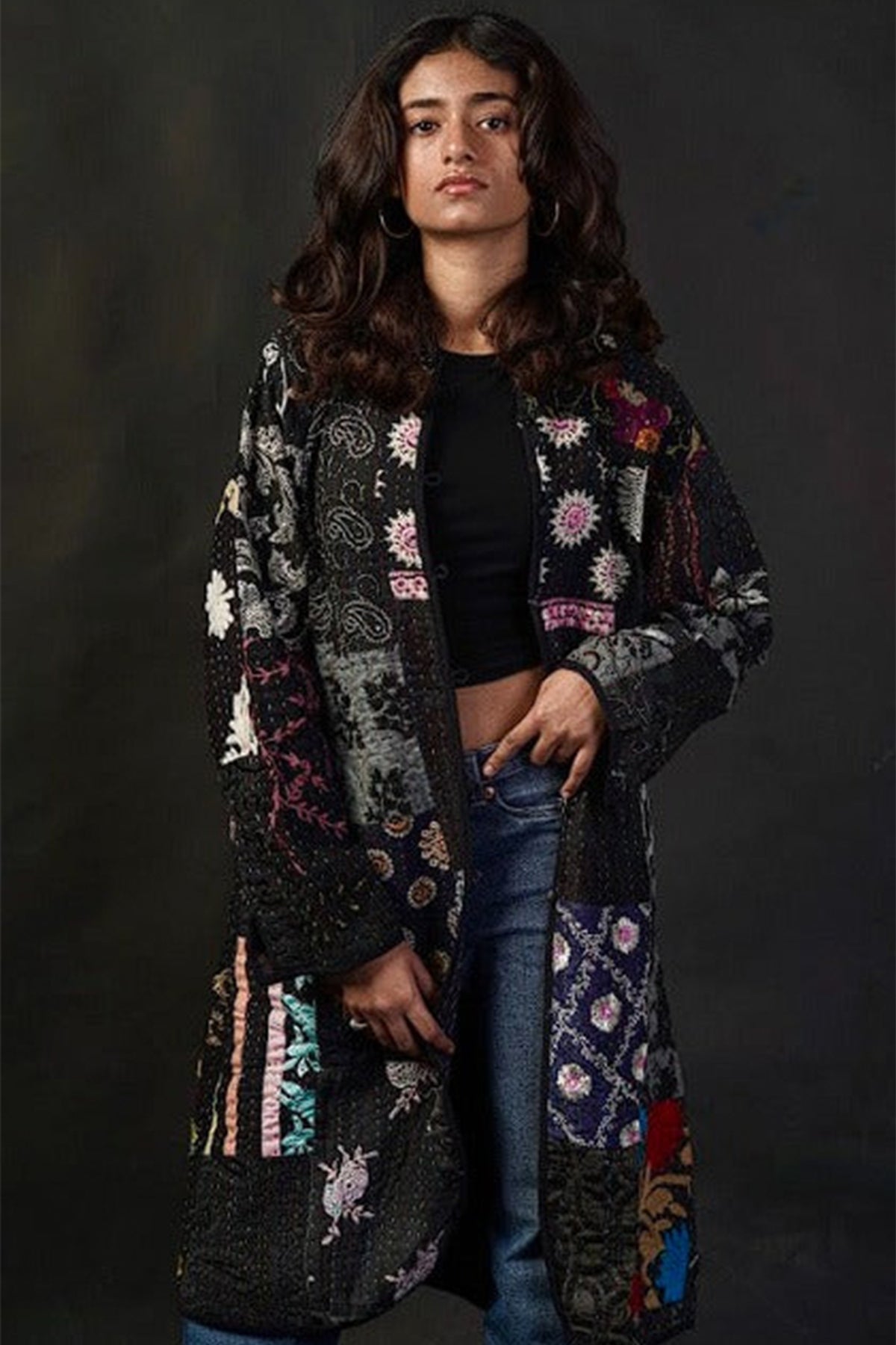 Quilted Long Vintage Cotton Jacket Black