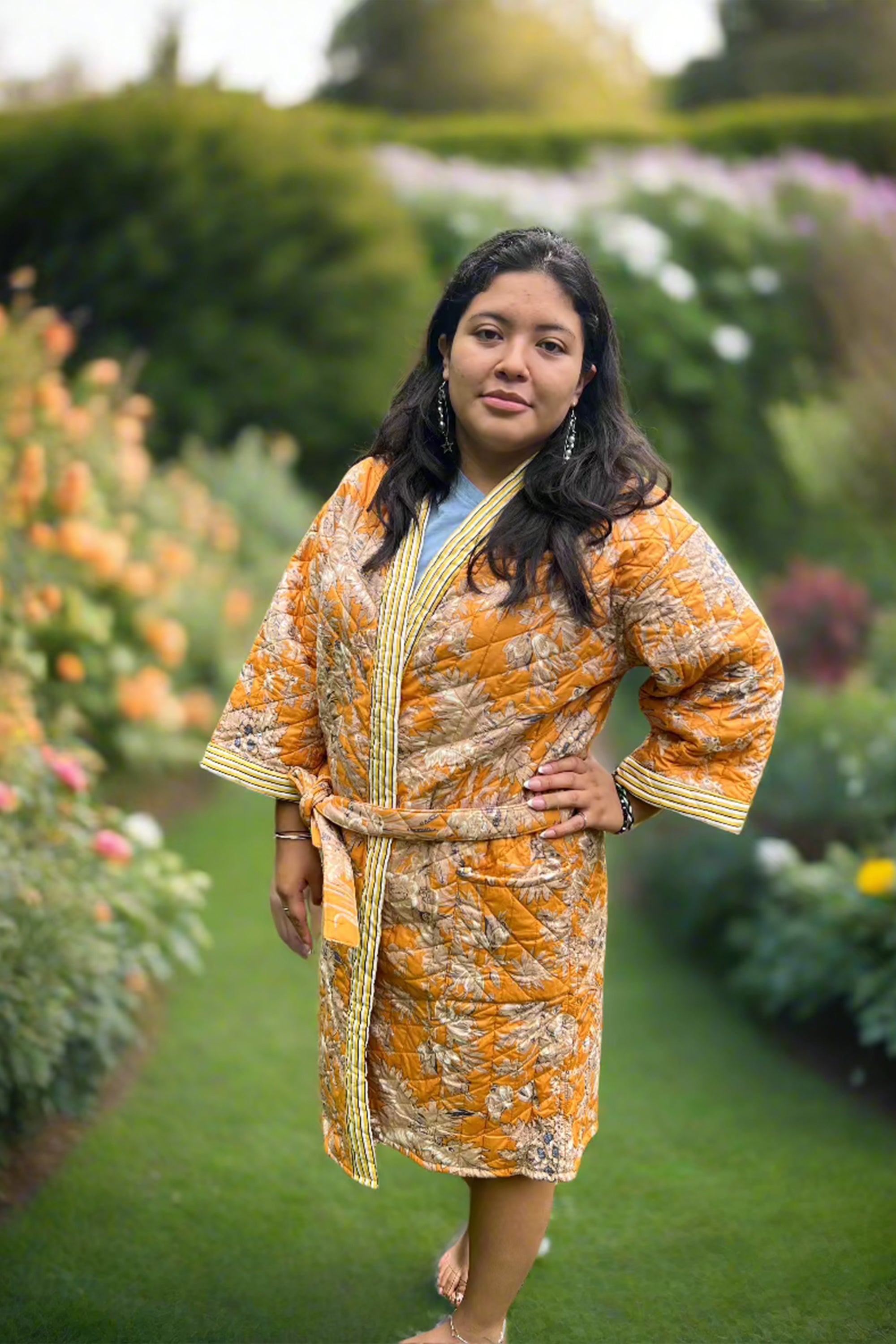 Quilted cotton puffer kimono jacket Yellow