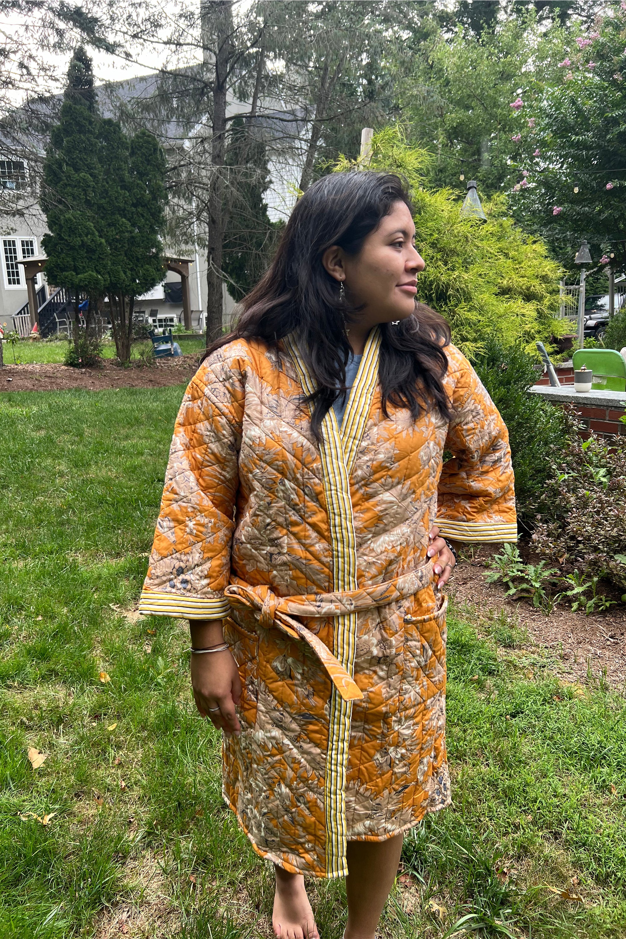 Quilted cotton puffer kimono jacket Yellow