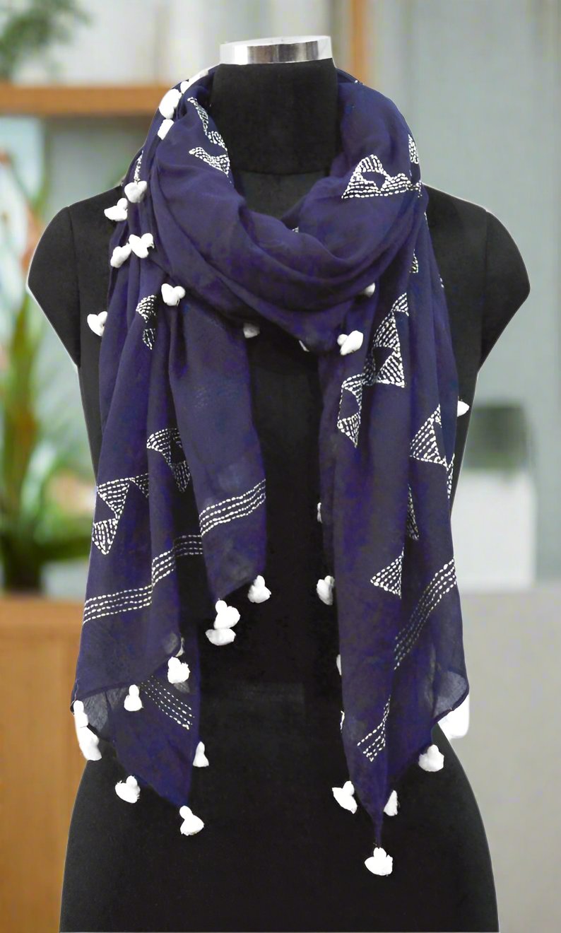 Embroidery Pompom Blue Scarf