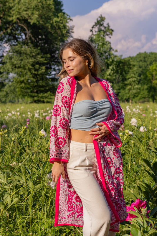 Maya Embroidered Pink Kimono